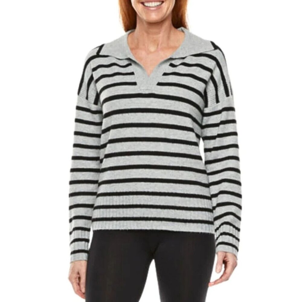 Stylus Sweater Gray Black Stripe V Neck Long Sleeve Pullover NWT - Picture 2 of 12